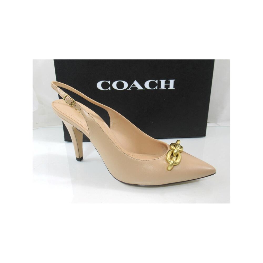 Coach Sadie Leather Slingback Chain Trimmed Sandals Pumps Beechwood Nude Size 9